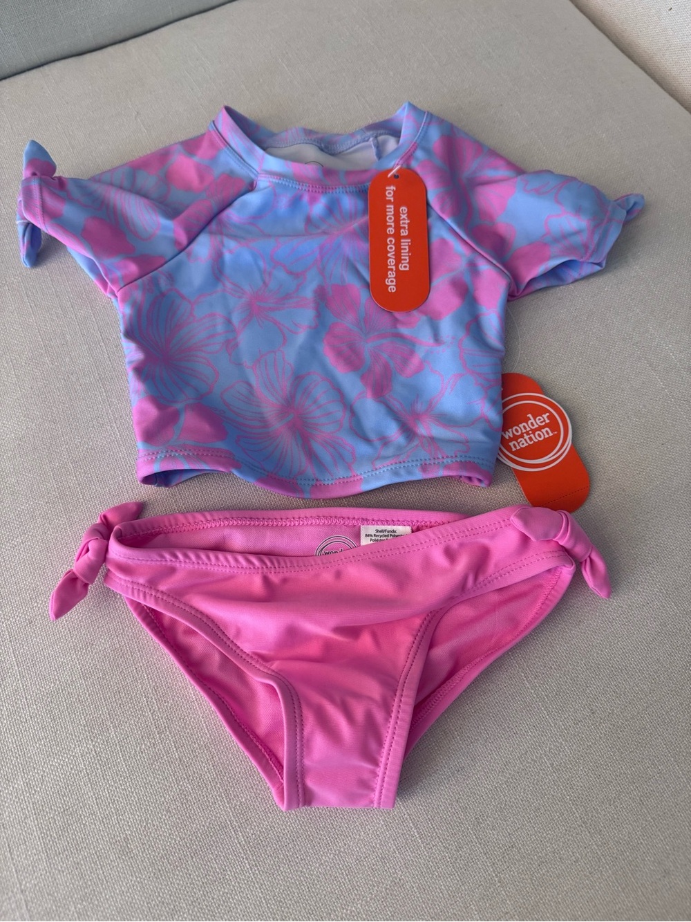 wonder nation Pink & Blue Floral Short-Sleeve Rash Guard Bikini Set